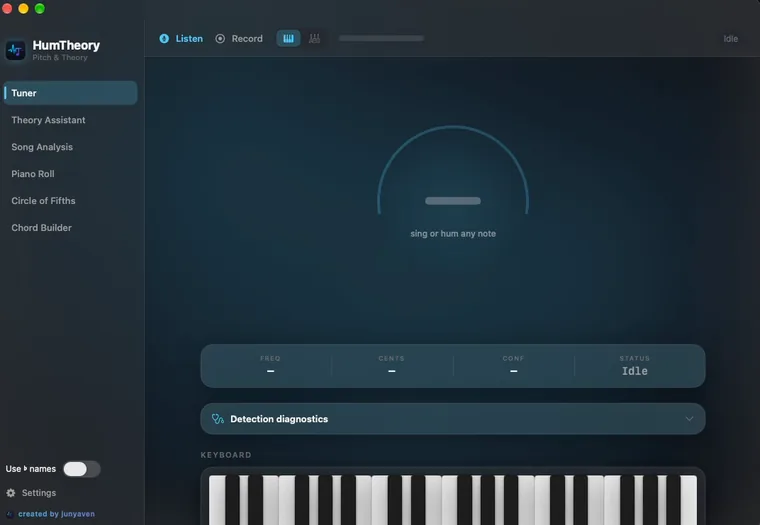 HumTheory on macOS: text-only sidebar navigation, circular pitch readout, frequency, cents and confidence meters, and a piano keyboard.