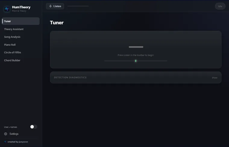 HumTheory on Windows: text-only sidebar navigation, transport bar with listen button, and a cents meter.